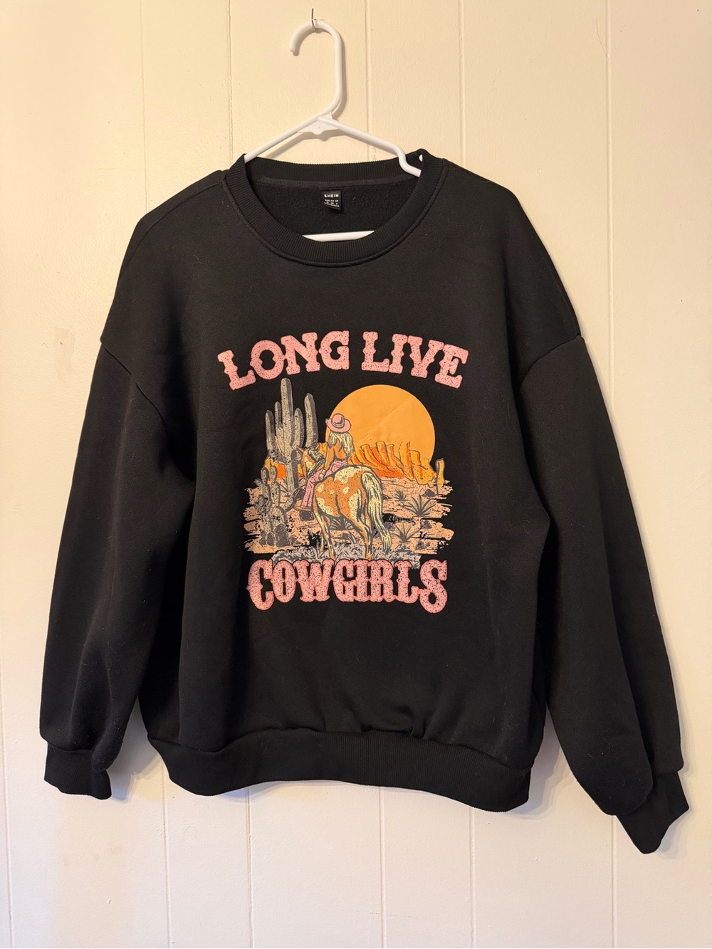SHEIN Black 'Long Live Cowgirls' Graphic Crewneck with Pink & Orange Accents M